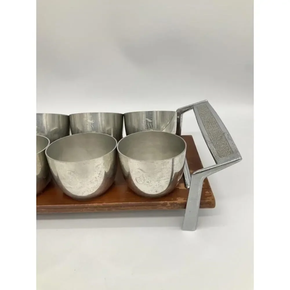 Vintage MCM Mid Century Set of 8 Pewter Jefferson Cups & Tray Web Pewter 1101